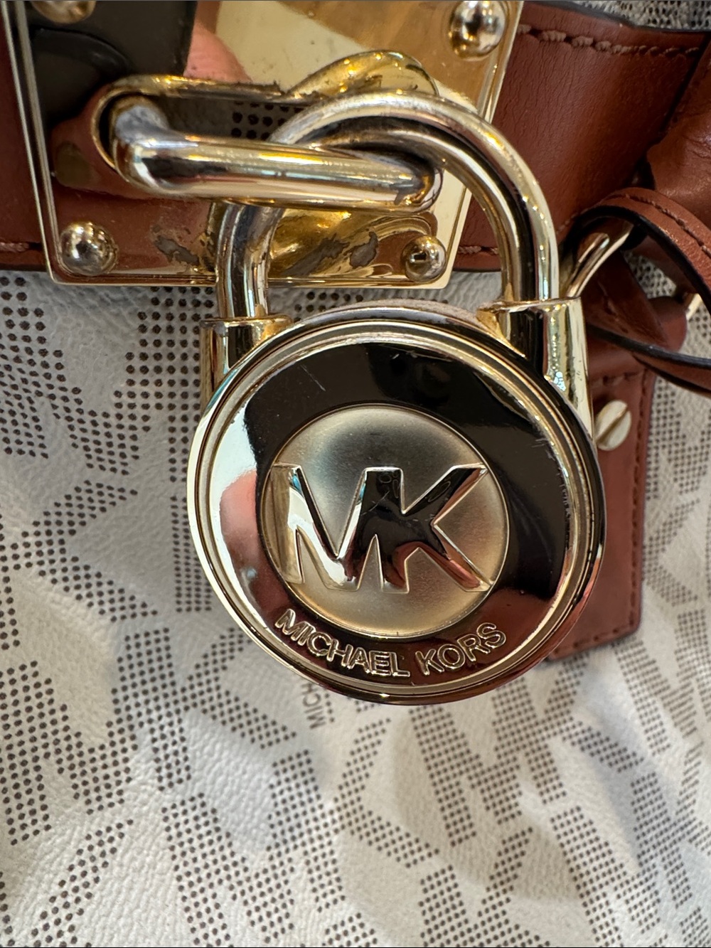 Michael Kors Cream Logo Canvas Satchel with Brown Leather Trim - Picture 2 of 12